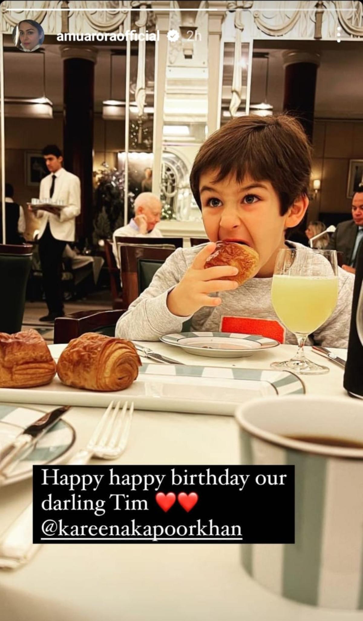Kareena`s bestie, Amrita Arora too wished Taimur on his birthday by sharing a cutesy photo of Taimur where he is hogging on a croissant. "Happy happy birthday our darling Tim", wrote Amrita with two red heart emojis.  Kareena`s bestie, Amrita Arora too wished Taimur on his birthday by sharing a cutesy photo of Taimur where he is hogging on a croissant. "Happy happy birthday our darling Tim", wrote Amrita with two red heart emojis. 